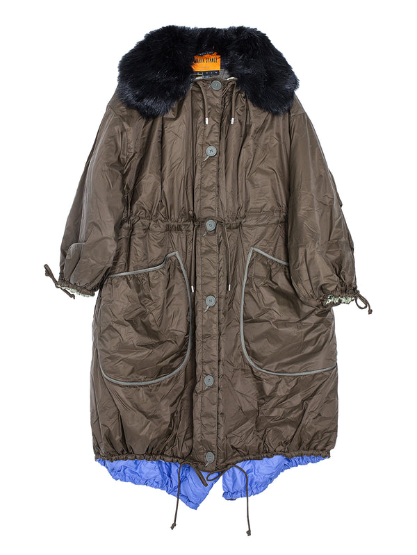 Reversible Parachute Parka With Eco Fur Collar Olive Black