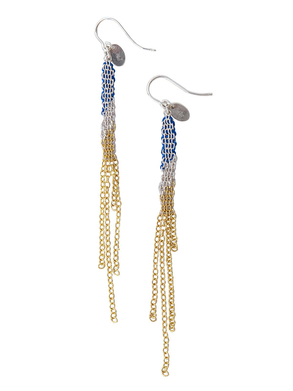 Silver Gold Plated and Silver Oxidized Silk Blue Earrings