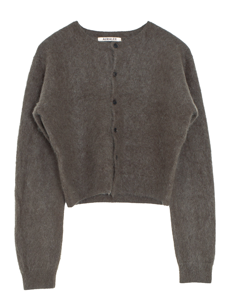 Women's Garment Dyed Baby Alpaca Fur Knit Crew Neck Cardigan Dark Brown