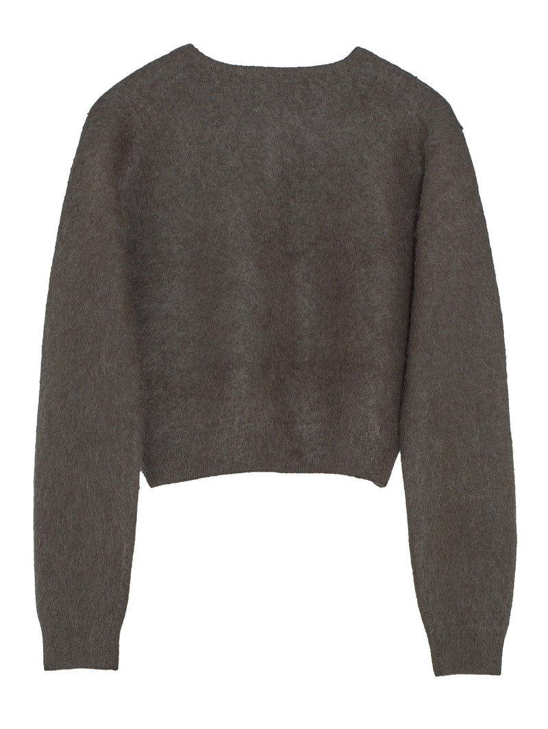 Women's Garment Dyed Baby Alpaca Fur Knit Crew Neck Cardigan Dark Brown