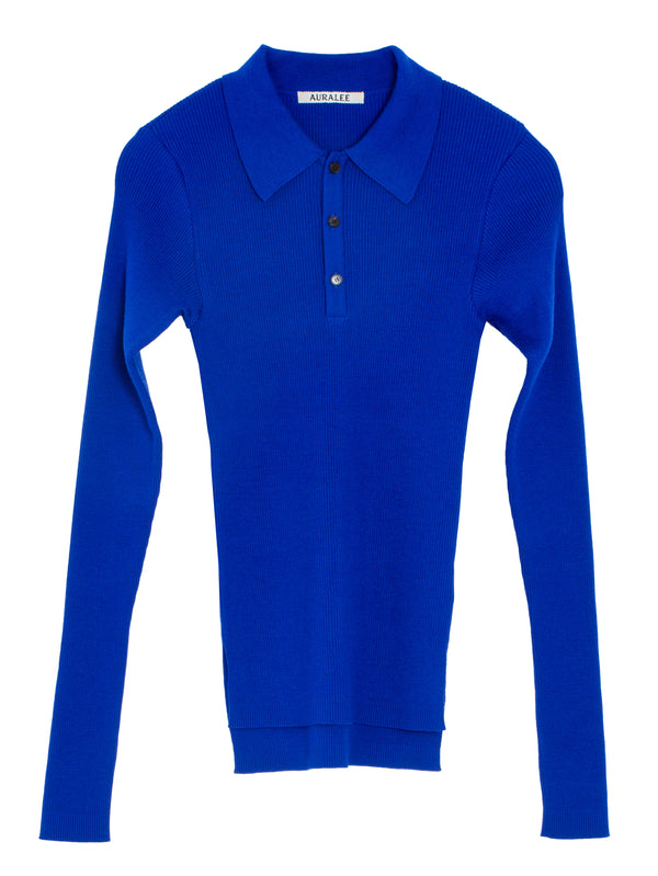 Women's Super Fine Wool High Gauge Rib Knit Polo Royal Blue