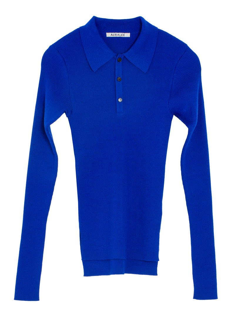 Women's Super Fine Wool High Gauge Rib Knit Polo Royal Blue