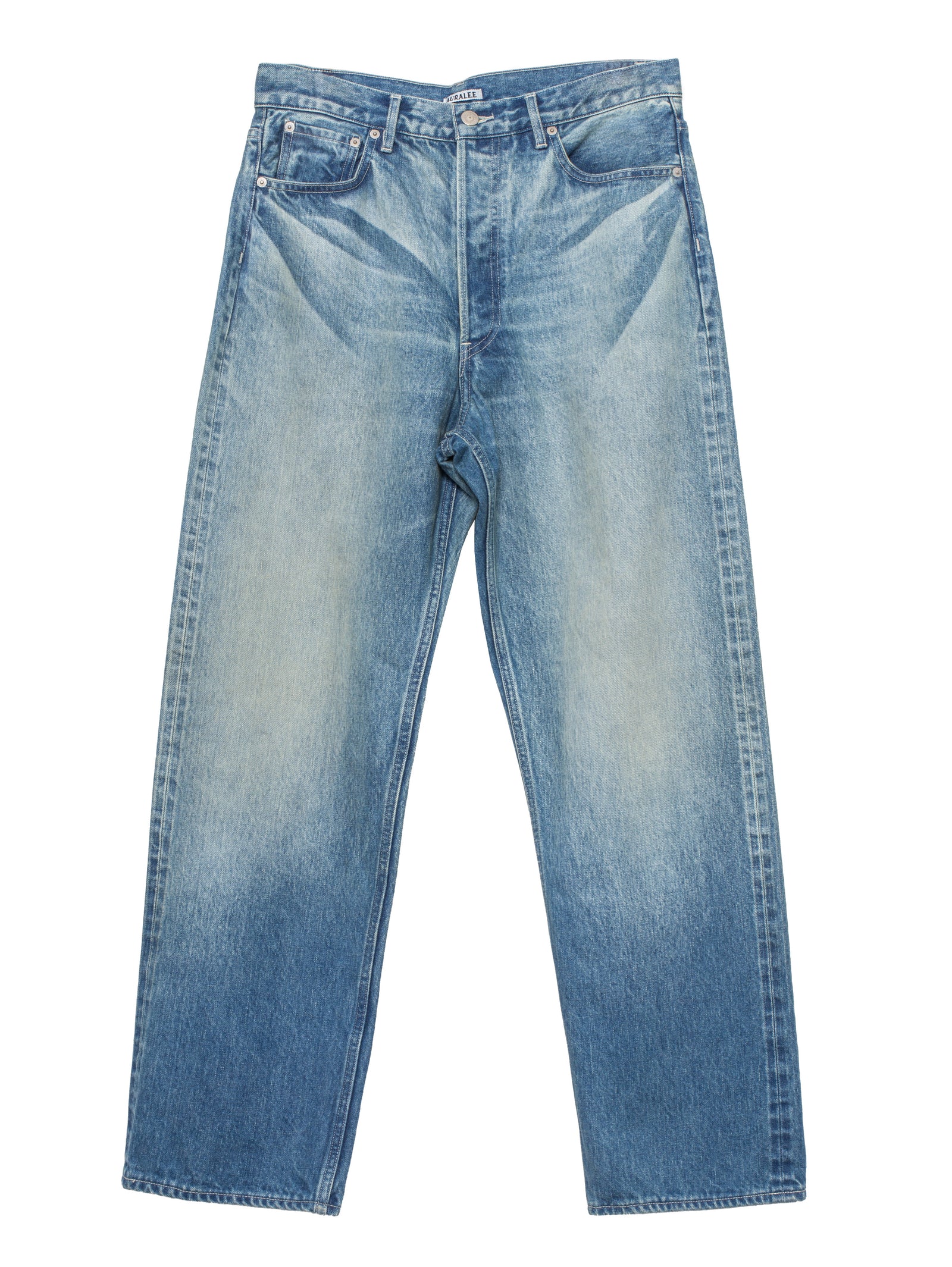 Auralee Men's Selvedge Faded Heavy Denim Wide Pants Faded Indigo