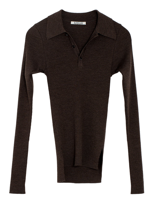 Women's Super Fine Wool High Gauge Rib Knit Polo Top Brown