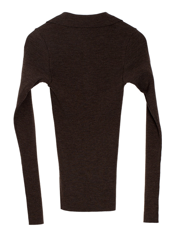 Women's Super Fine Wool High Gauge Rib Knit Polo Top Brown