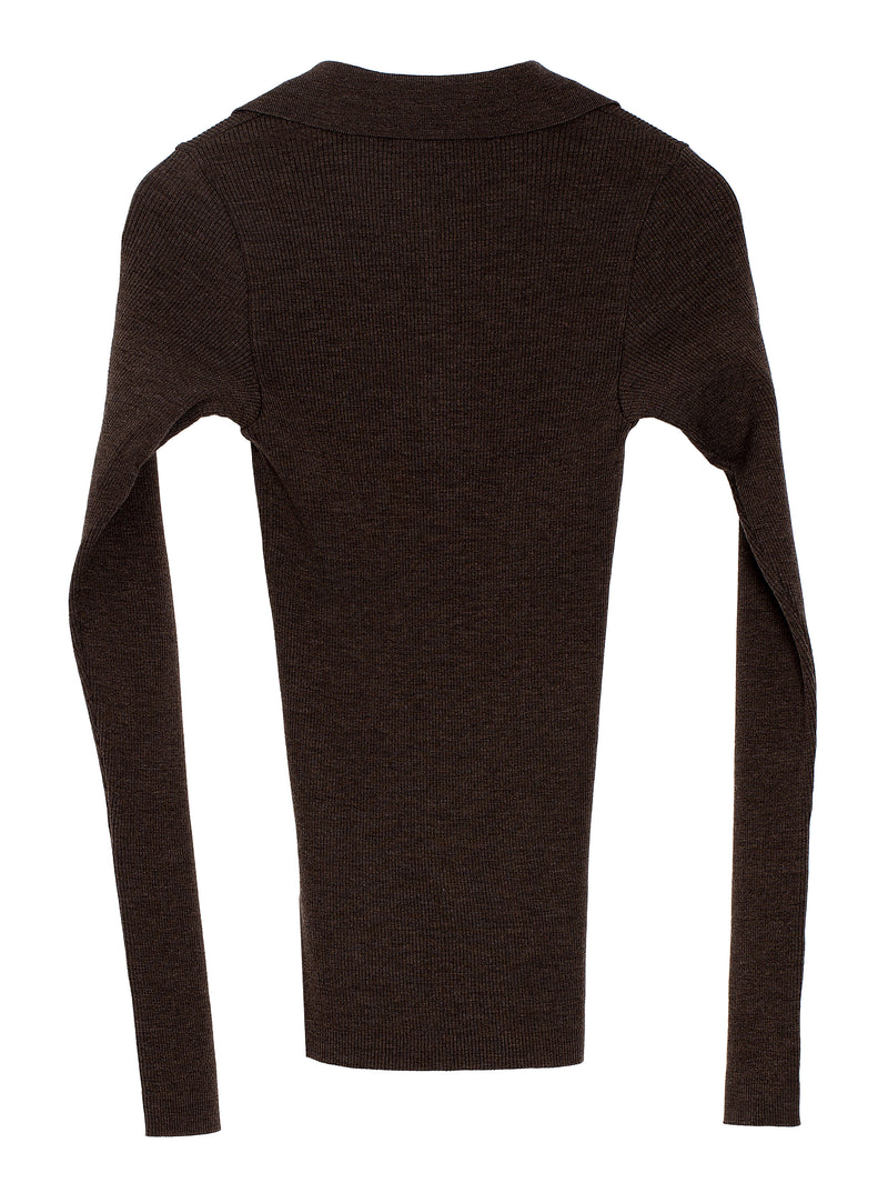 Women's Super Fine Wool High Gauge Rib Knit Polo Top Brown