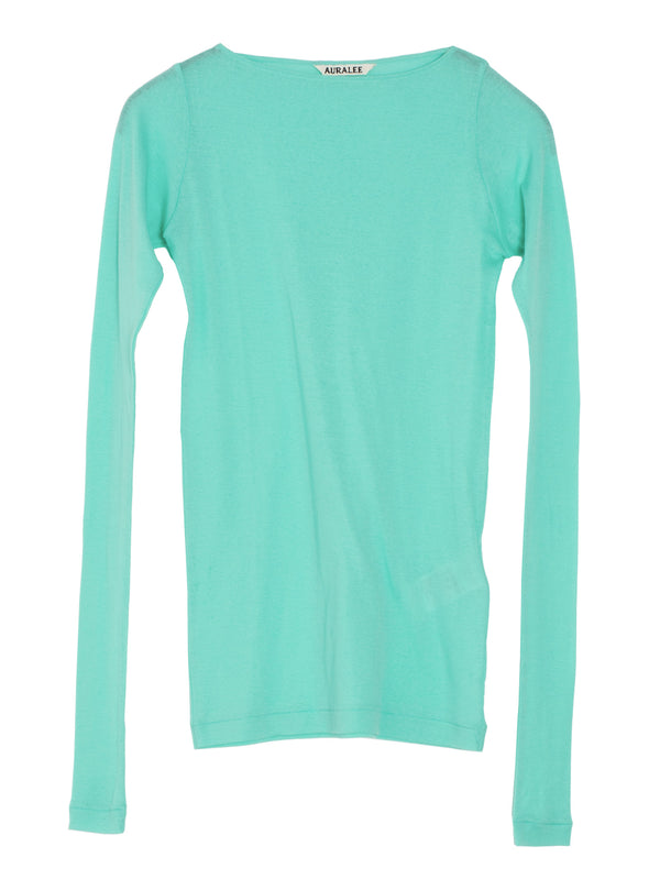 Women's Super High Gauge Sheer Rib Boat Neck Long Sleeve Tee Aqua Green