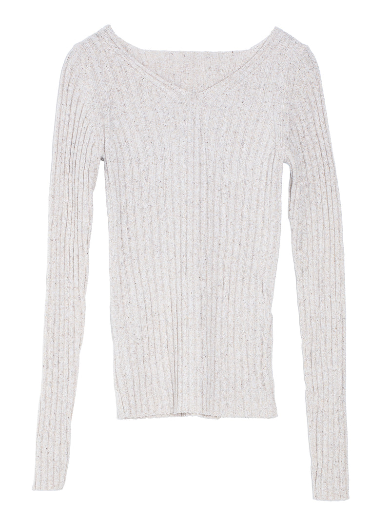 Women's Silk Cotton Melange Rib Knit V-Neck Pullover Top Ivory Beige