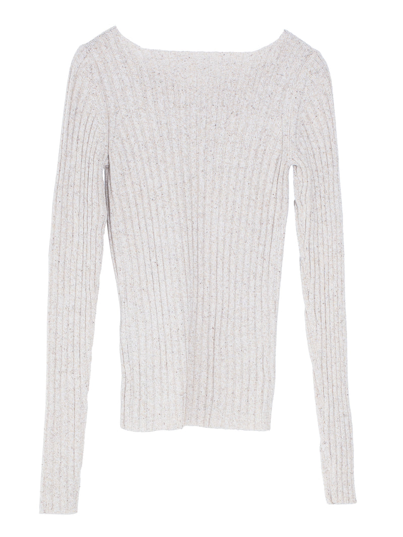 Women's Silk Cotton Melange Rib Knit V-Neck Pullover Top Ivory Beige