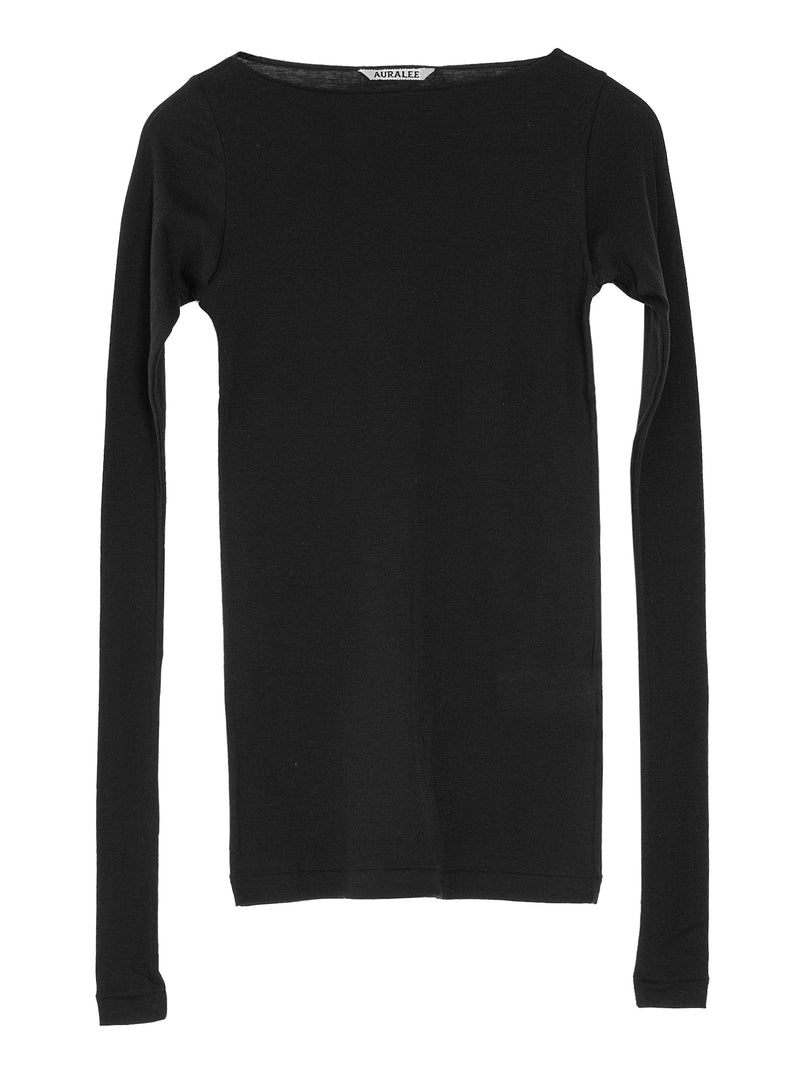 Women's Super High Gauge Sheer Rib Boat Neck Long Sleeve Tee Black