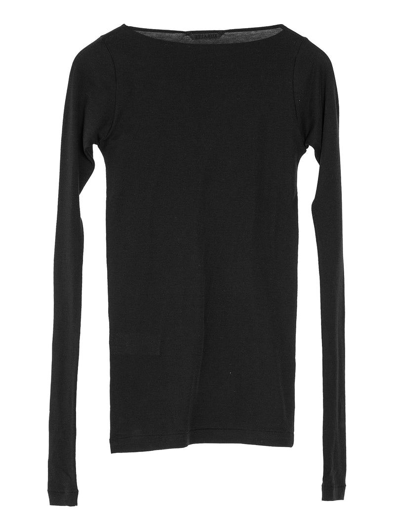 Women's Super High Gauge Sheer Rib Boat Neck Long Sleeve Tee Black