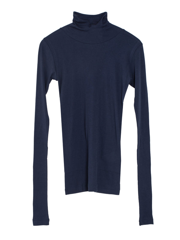 Women's Super High Gauge Sheer Rib Turtle Neck Long Sleeve Navy