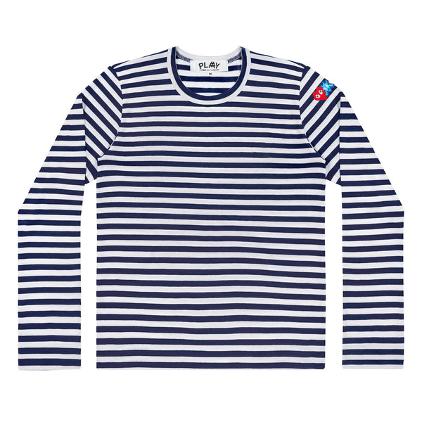 CDG Play Space Invader Detail On Sleeve Mens Long Sleeve T Navy and White Striped