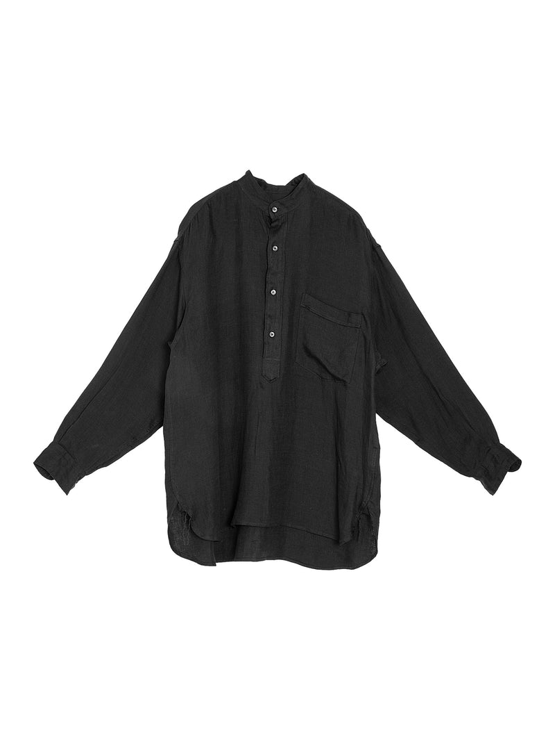 Linen Double Cloth Pullover Shirt Black