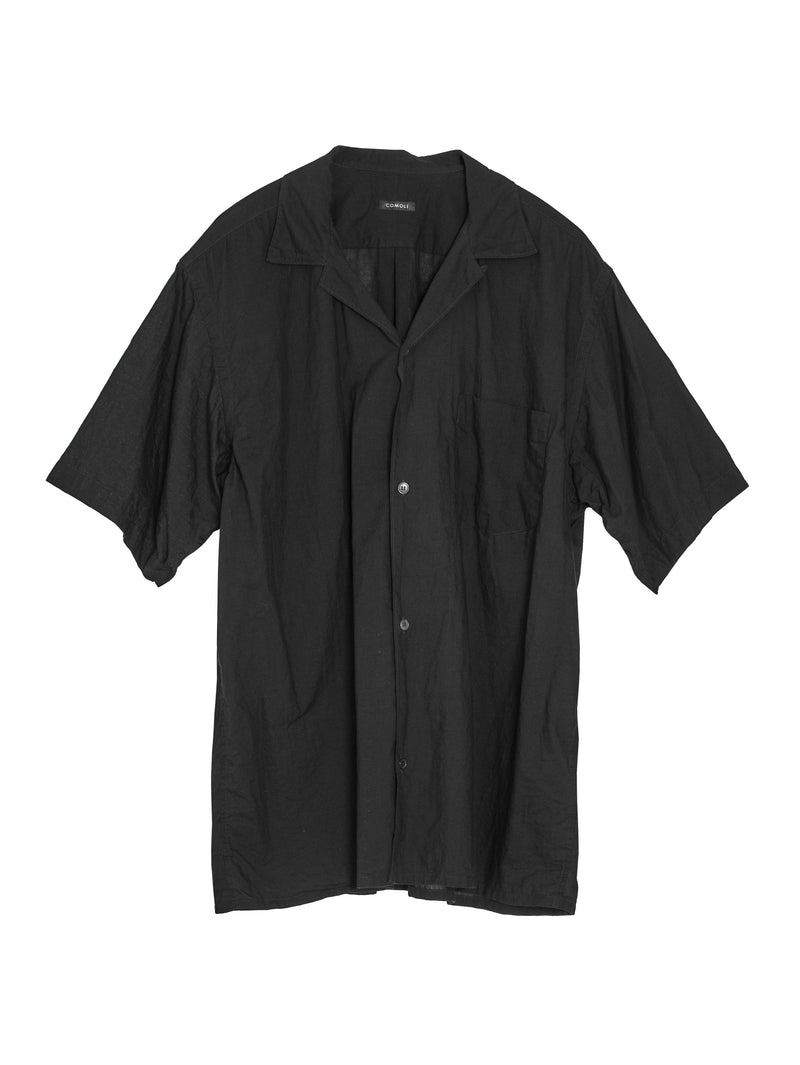 Khadi Cotton Shortsleeve Open Collar Shirt Black