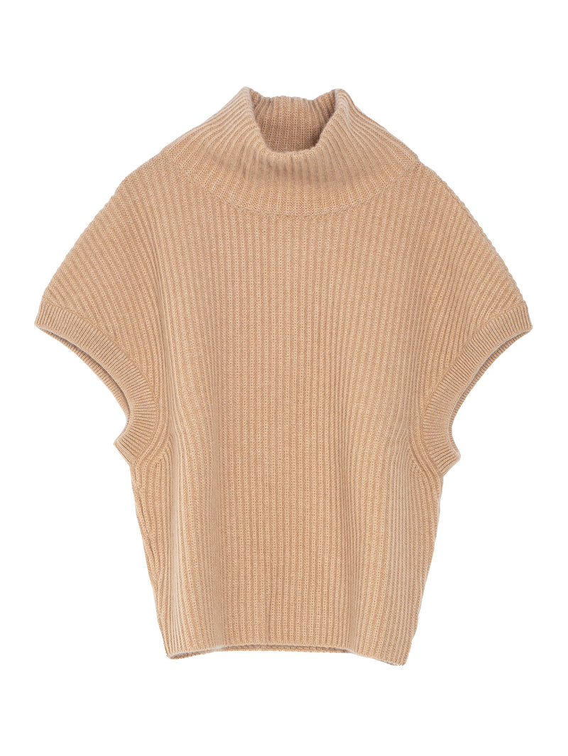 T-Neck Sleeveless Sweater Cashmere Knit Camel