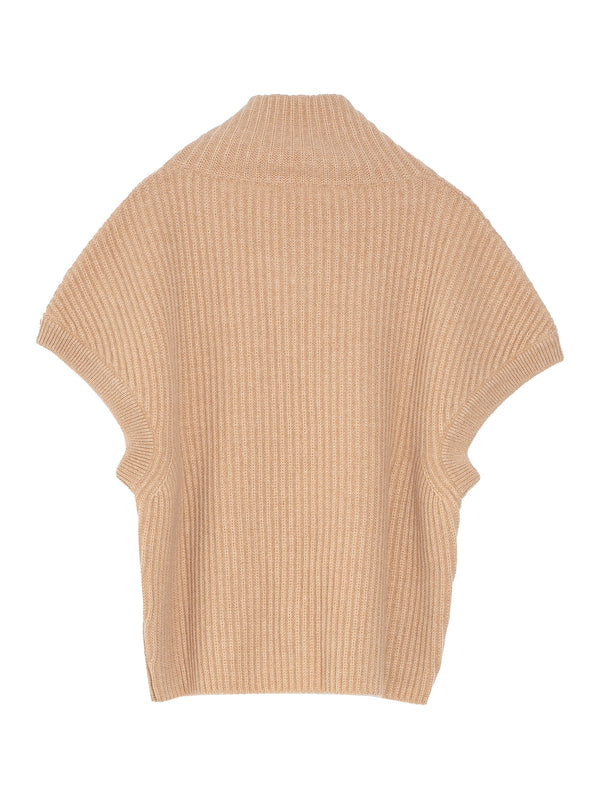 T-Neck Sleeveless Sweater Cashmere Knit Camel