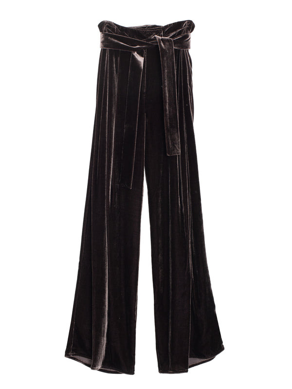 Wide Leg Pants Belt Silk Velvet Brown