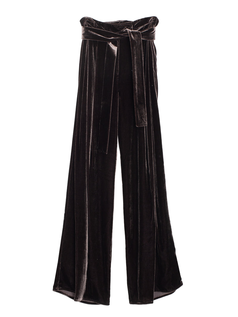 Wide Leg Pants Belt Silk Velvet Brown