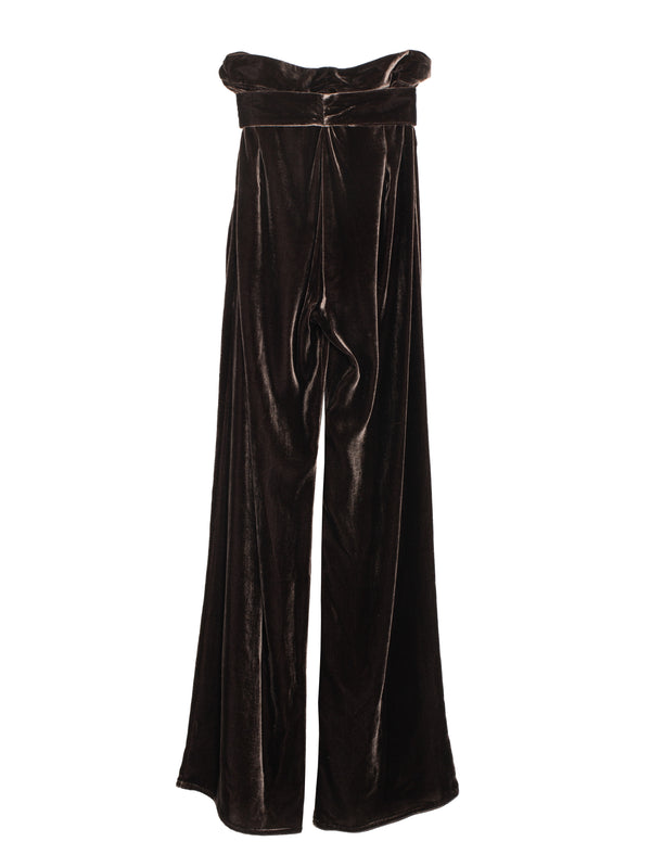 Wide Leg Pants Belt Silk Velvet Brown
