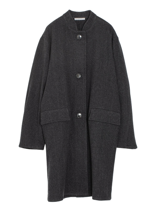 Mandarin Collar Car Coat Herringbone Charcoal