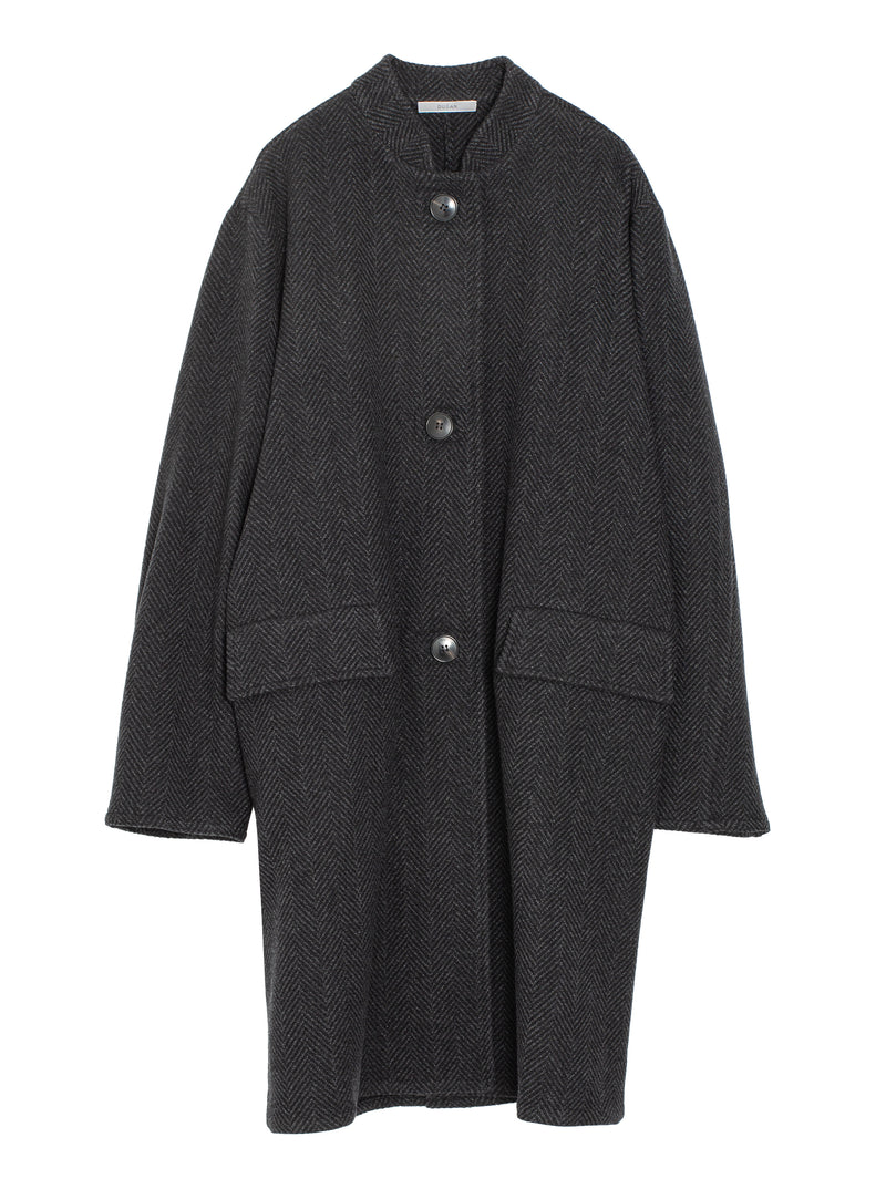 Mandarin Collar Car Coat Herringbone Charcoal
