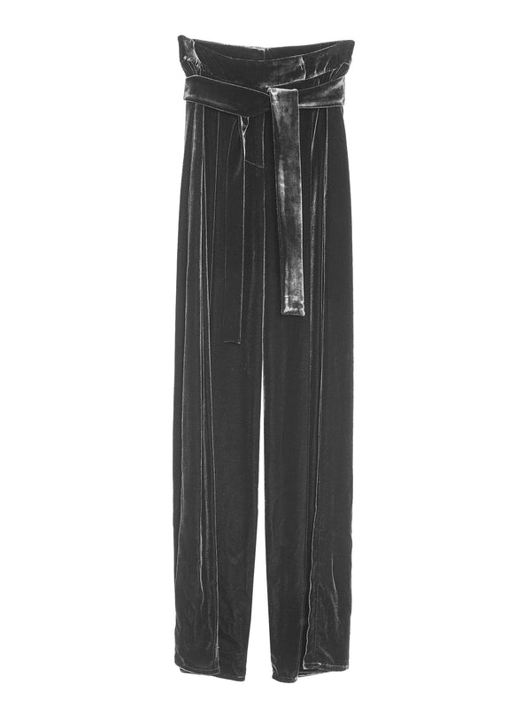 Wide Leg Pants With Belt Silk Velvet Black