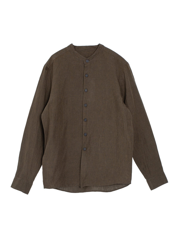 Band Collar Shirt Yarn Dyed Linen Puppytooth Brown