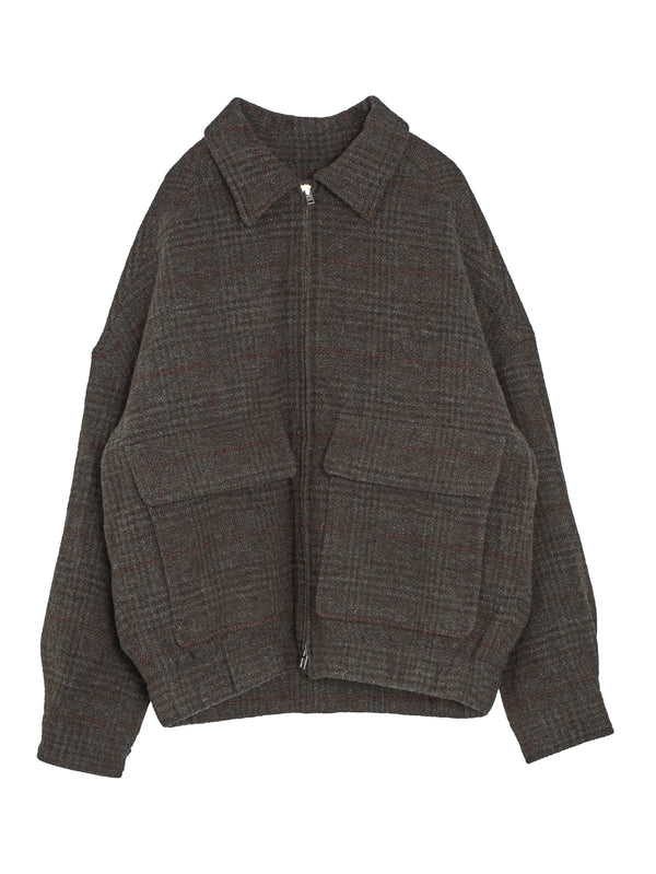 Zip Jacket Two Wool Herringbone Check Dark Olive Charcoal
