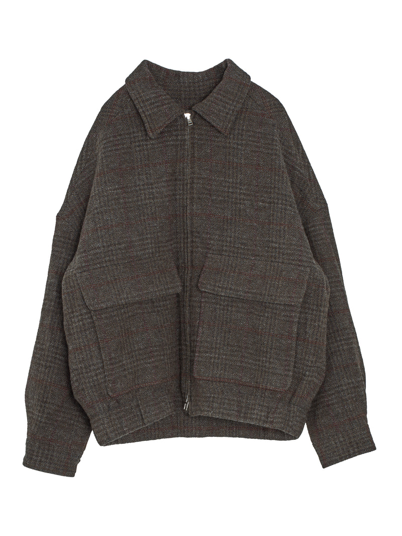 Zip Jacket Two Wool Herringbone Check Dark Olive Charcoal