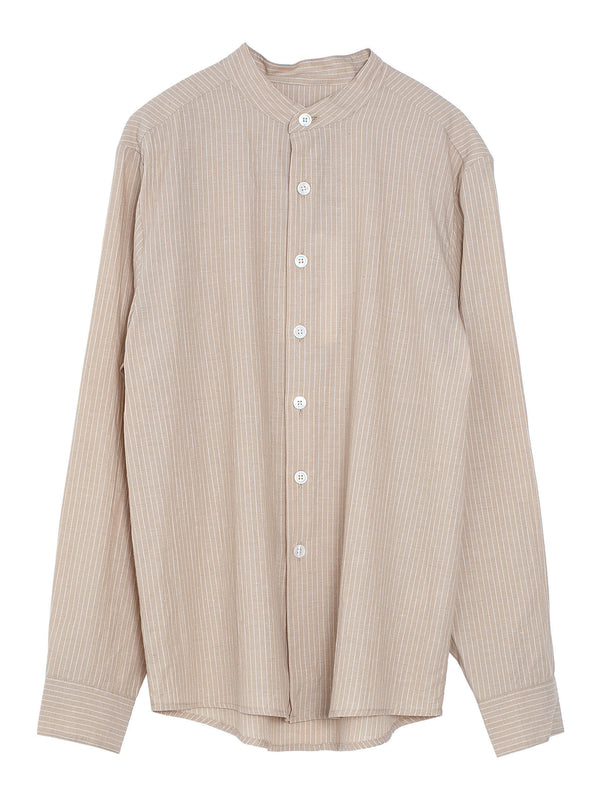 Band Collar Shirt Cotton Linen Stripe Beige White