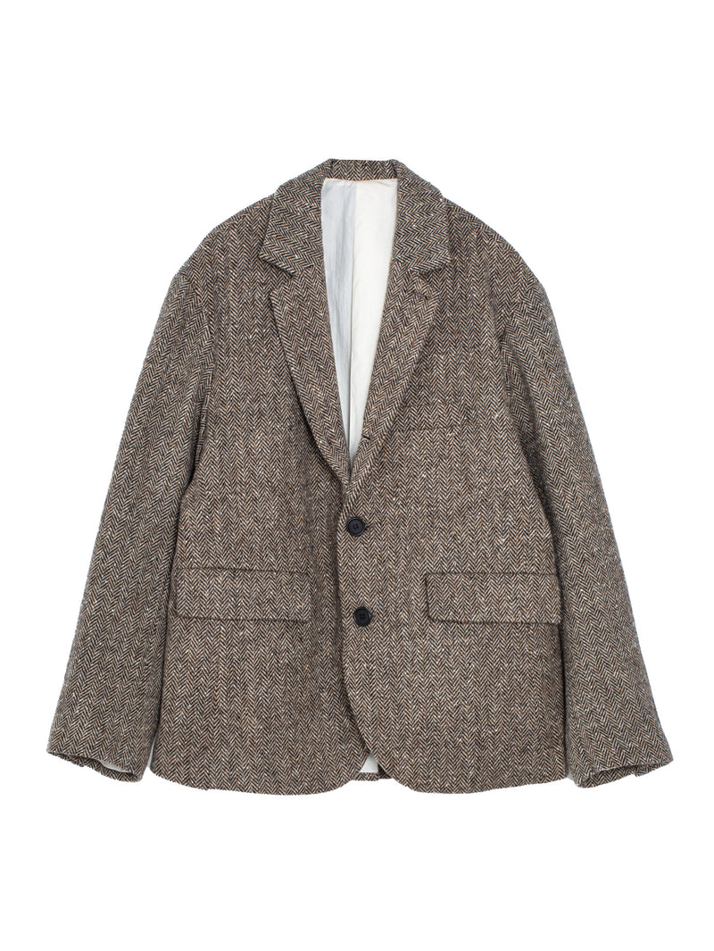 Three Button Jacket Irish Wool Herringbone Tweed Beige Black