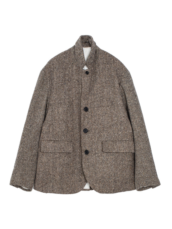 Three Button Jacket Irish Wool Herringbone Tweed Beige Black