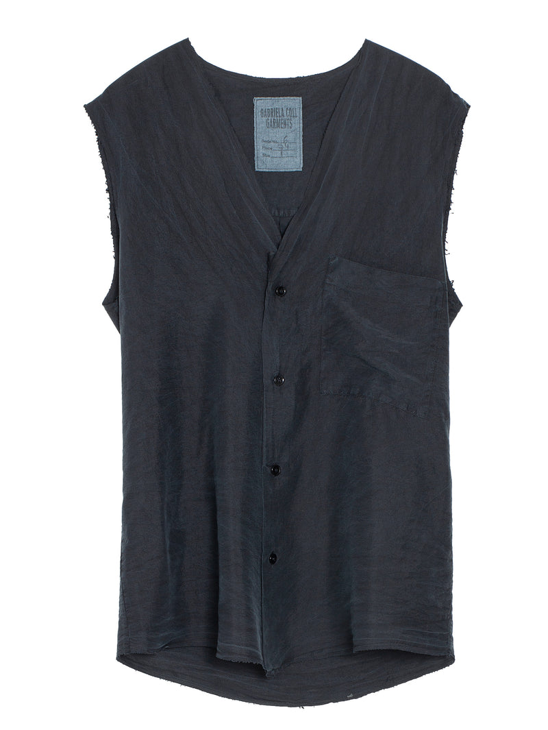 No.74 Silk Pongee Sleeveless Shirt Black