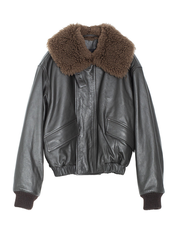 Leather Blouson With Shearling Collar Dark Espresso