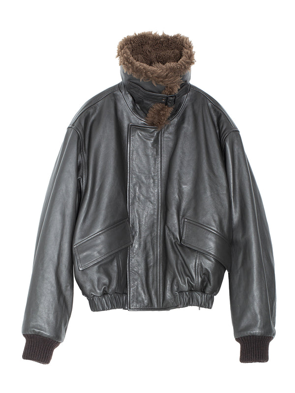 Leather Blouson With Shearling Collar Dark Espresso