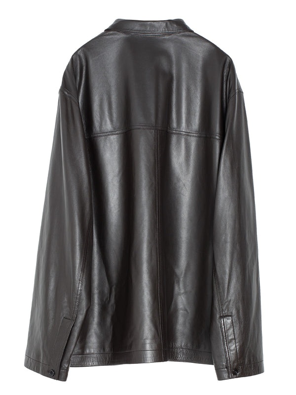 Leather Stand Collar Shirt Dark Espresso