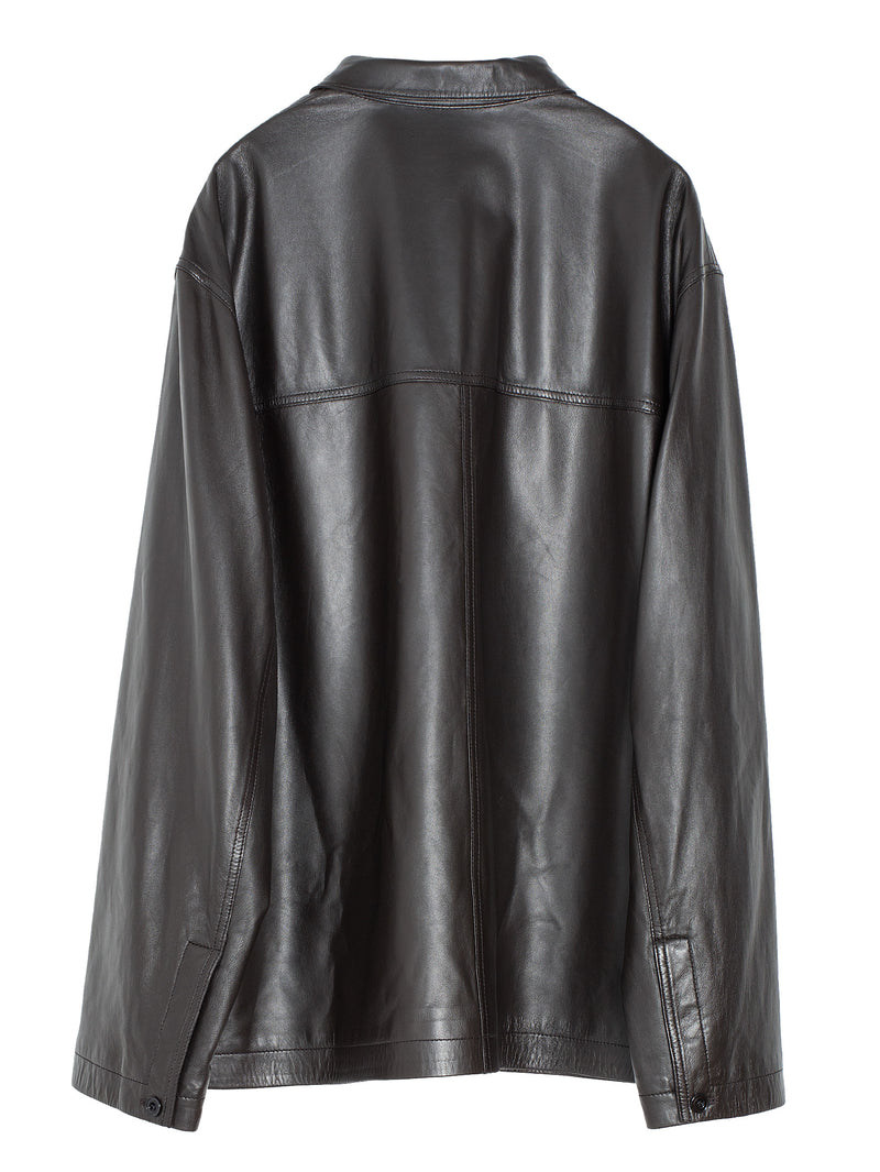 Leather Stand Collar Shirt Dark Espresso