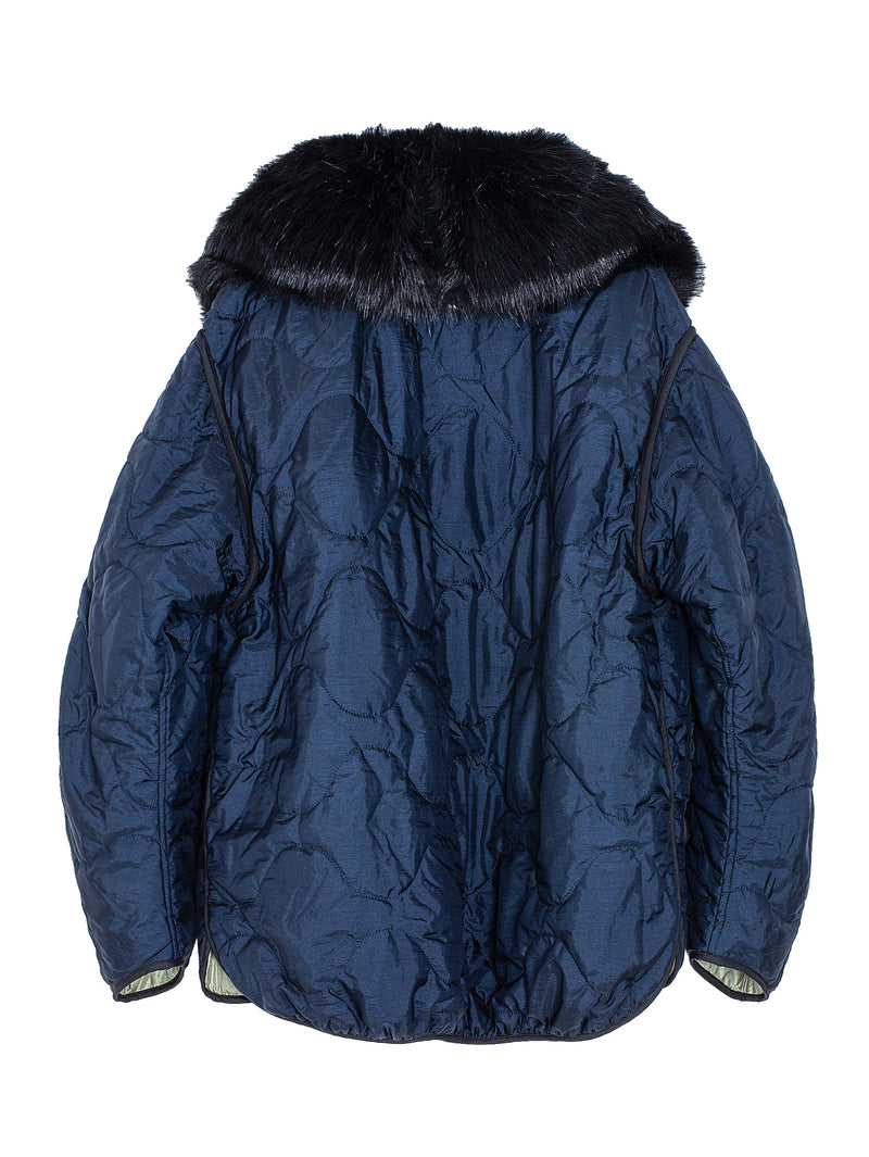 Cropped Reversible Quilt Navy Pale Sage With Eco Fur Collar