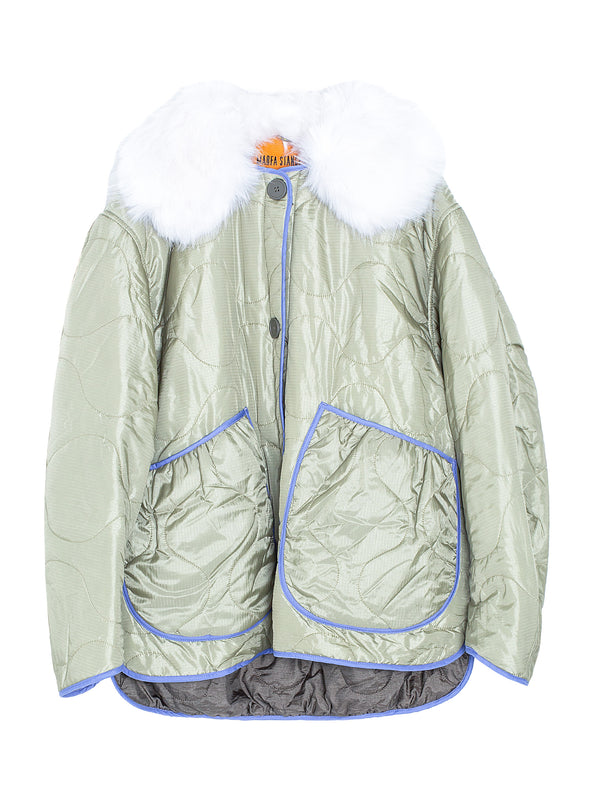 Cropped Reversible Quilt Olive Pale Sage With Eco Fur Collar