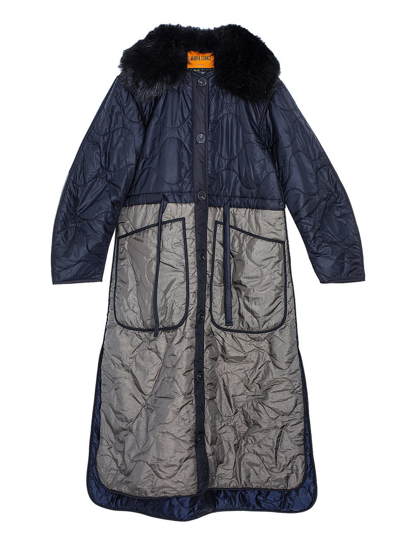 Long Reversible Patchwork Quilt Dark Olive Black Anthracite Midnight With Eco Fur Collar