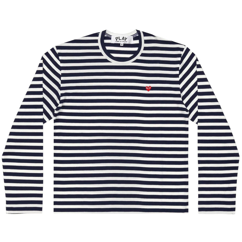 CDG Play Men's Long Sleeve Small Heart T Blue And White Striped