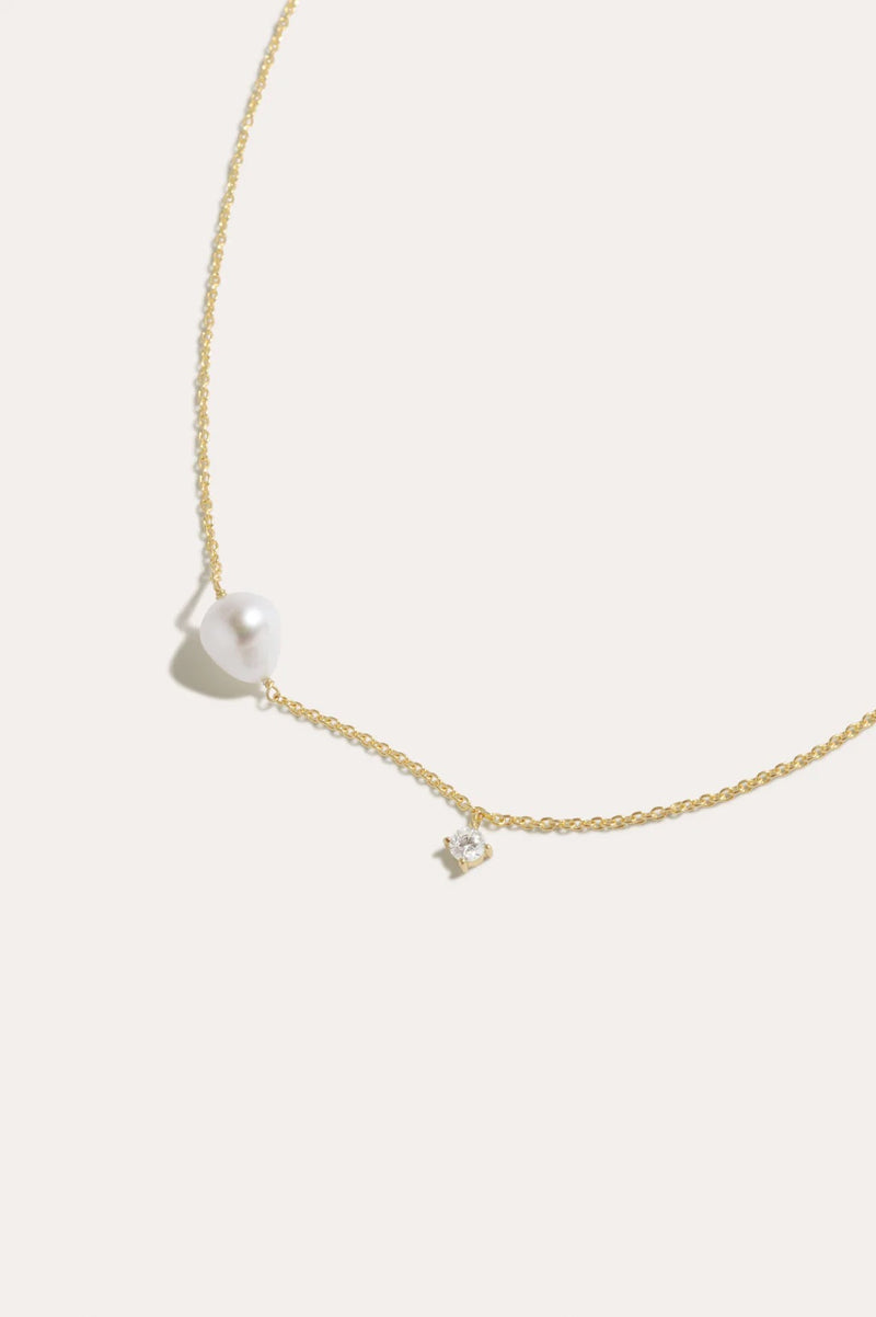 P228 Pearl And Zirconia Gold Necklace