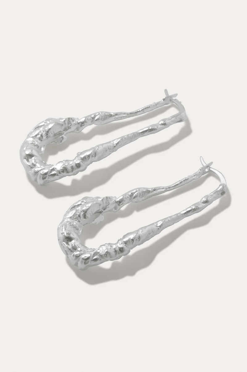 R2245 Sculptural Elongated Hoops Silver Earrings