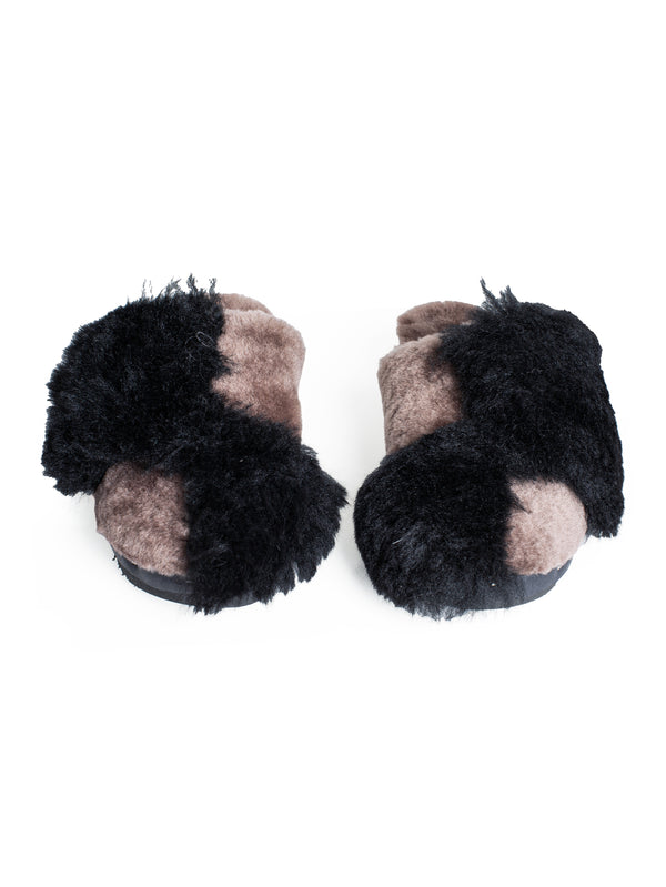 Panto Curly Patchwork Fully Shearling Clog Camel Black