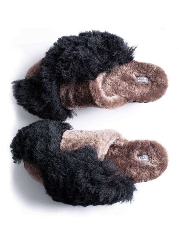 Panto Curly Patchwork Fully Shearling Clog Camel Black