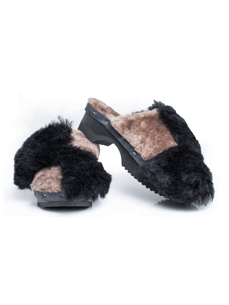 Panto Curly Patchwork Fully Shearling Clog Camel Black