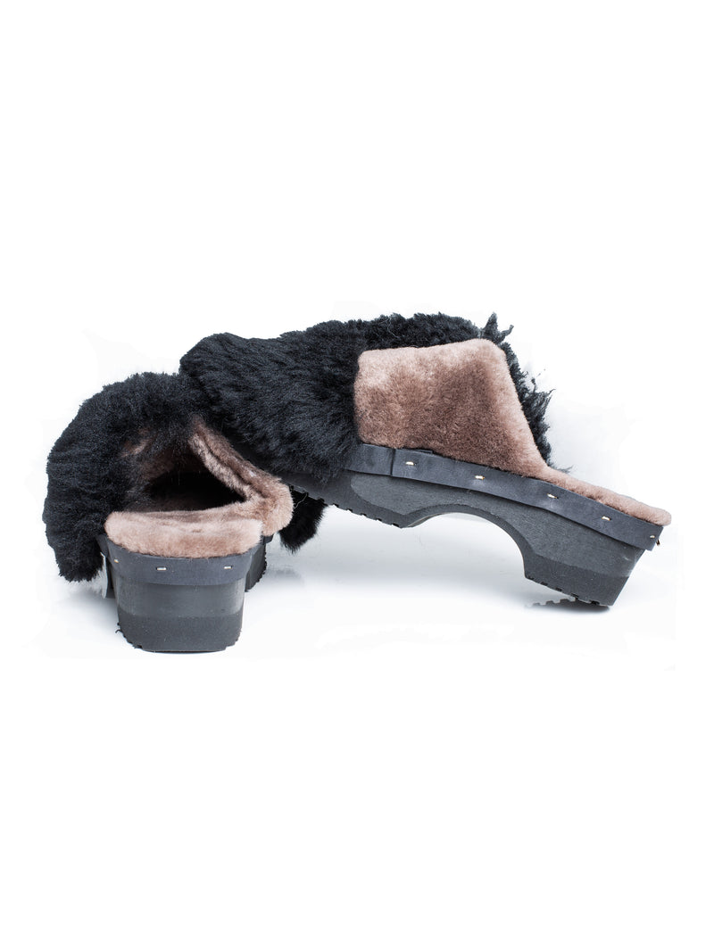 Panto Curly Patchwork Fully Shearling Clog Camel Black