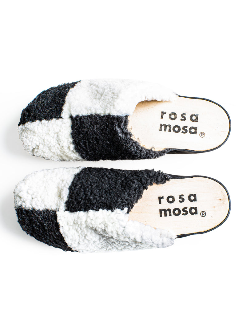 Panto Curly Patchwork Shearling Clog Nero Bianco