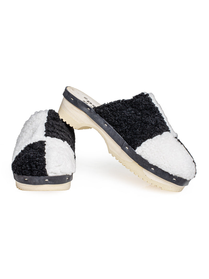 Panto Curly Patchwork Shearling Clog Nero Bianco